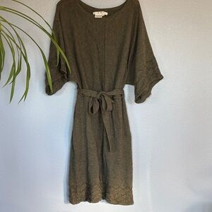 MAGGY LONDON cozy sweater dress. Olive green. Crochet sleeves and hem. Size xl